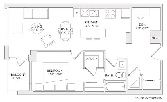 A black and white image of a floor plan for a home with a living room, dining room, kitchen, den, bath, and bedroom.