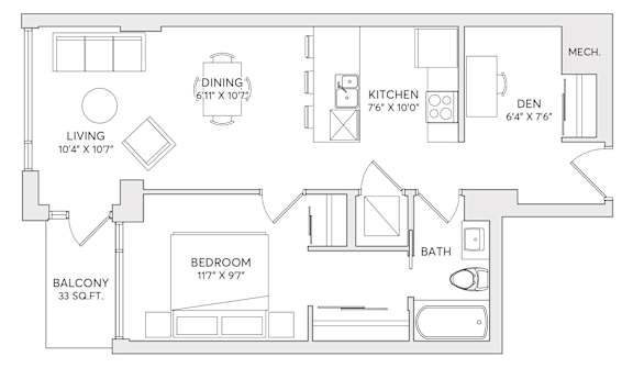 A black and white image of a floor plan for a small apartment.