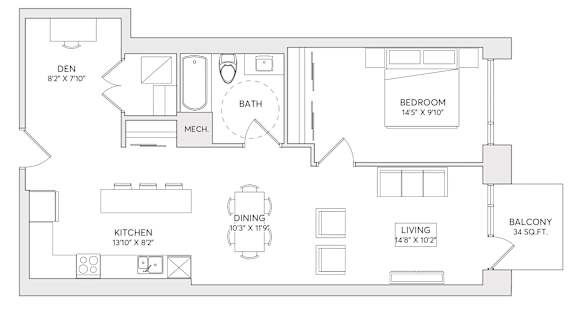 A floor plan of an apartment with a den, kitchen, dining room, living room, bedroom, bathroom, and balcony.
