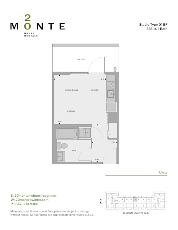 A floor plan for a studio apartment by 20 Monte.