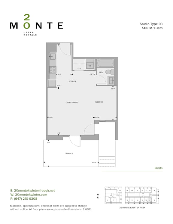 A floor plan for a 500 square foot studio apartment.