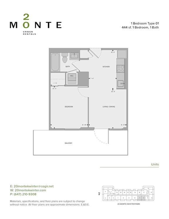 A floor plan for a 1 Bedroom Type 01 apartment at 20 Montekwestin Winter.