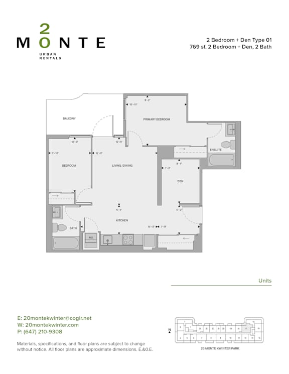 A floor plan for a 2 bedroom, den, 2 bath unit at 2 Monte.