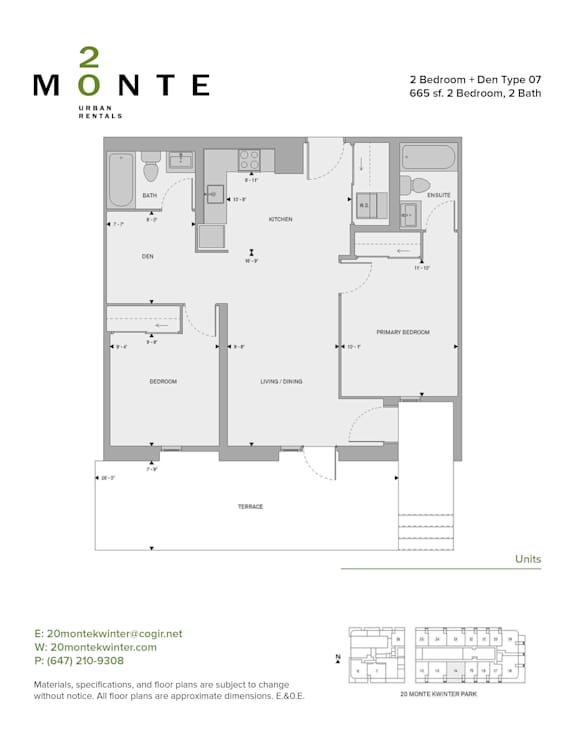 A floor plan for a 2 bedroom, den, and bathroom apartment.