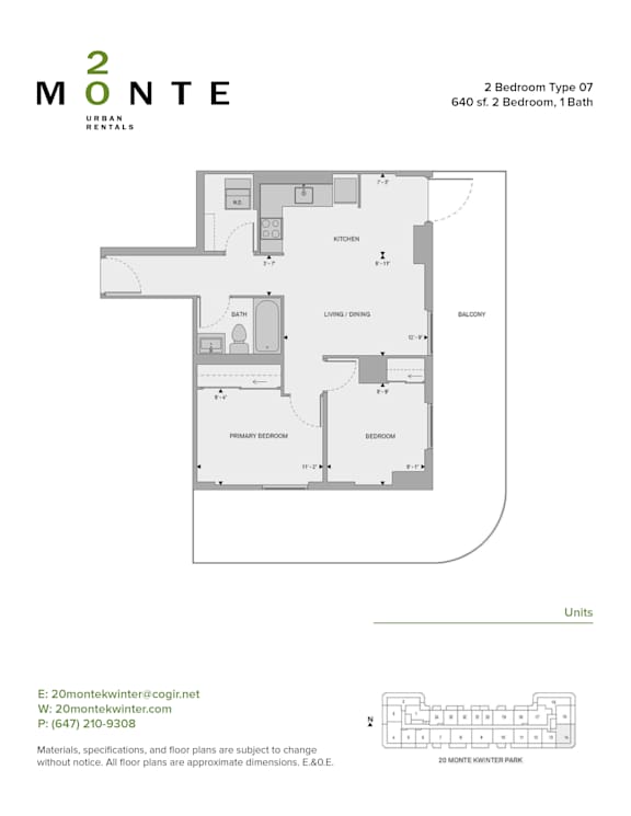 A floor plan for a 2 Bedroom Type 07 apartment sized at 640 square feet with 1 bathroom.