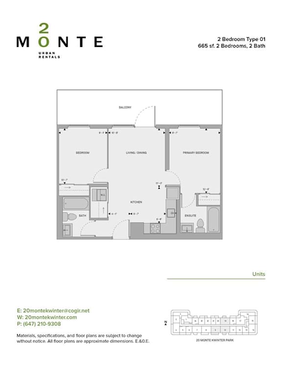 A floor plan for a 2 bedroom apartment sized at 665 square feet.