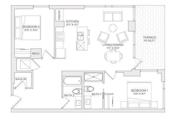 A floor plan of a house with two bedrooms, a kitchen, a living/dining area, a terrace, a bathroom, a mech, and a walk-in.