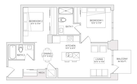 A floor plan of a two bedroom apartment with a living room, kitchen, dining room, and two bathrooms.