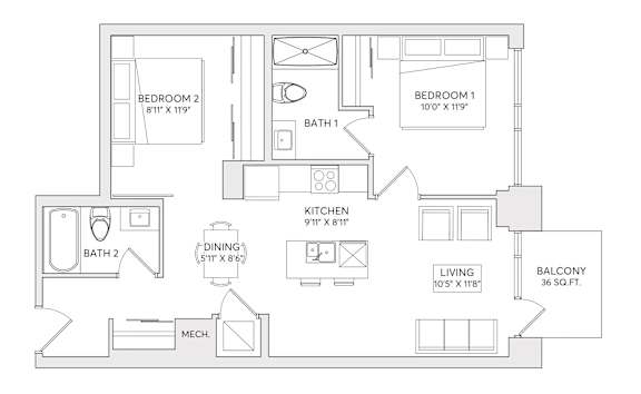 A floor plan of a home with two bedrooms, a living room, a kitchen, a dining area, two bathrooms, and a mechanical room.