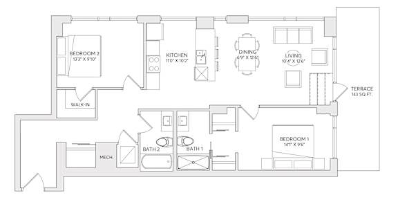A floor plan of a house with two bedrooms, a kitchen, a dining area, a living room, a terrace, a bathroom, a walk-in and a mech.