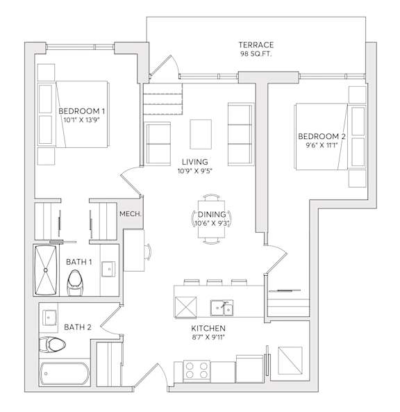 A floor plan of a house with two bathrooms, a kitchen, a living room, a dining room, and two bedrooms.