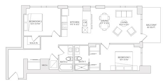 A floor plan of a house with two bedrooms, a living area, a kitchen, a dining area, a bathroom, and a balcony.