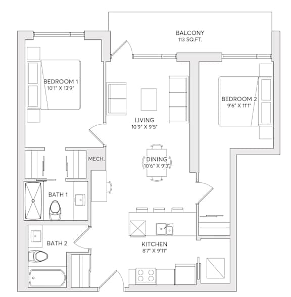 A black and white image of a floor plan for a home with two bedrooms, a living room, a dining area, a kitchen, a bathroom, and a balcony.