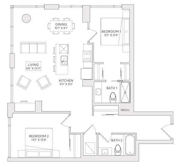 A floor plan of a small apartment with a living room, kitchen, two bedrooms, and a bathroom.