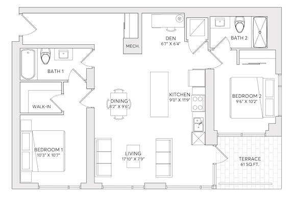 A floor plan of a house with a living room, two bedrooms, a bathroom, a kitchen, a den, and a terrace.