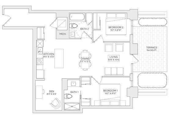 A floor plan of a house with a kitchen, living room, dining room, and three bedrooms.