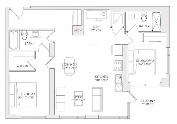 A black and white image of a floor plan for a home with a balcony.