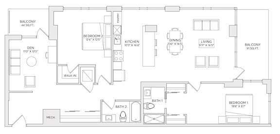 A floor plan of a house with two bedrooms, a den, a kitchen, a dining room, a living room, and two bathrooms.