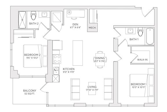 A floor plan of a house with a den, two bedrooms, a living room, a kitchen, a balcony, and a walk-in closet.