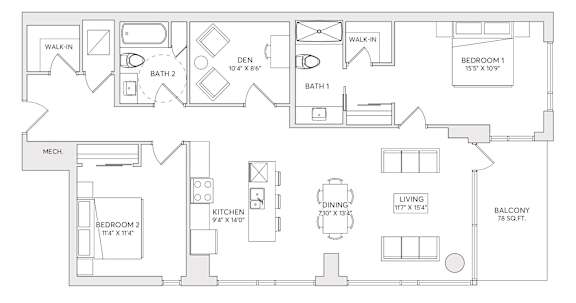 A floor plan of a house with two bedrooms, a living area, a kitchen, a dining area, a balcony, and two bathrooms.