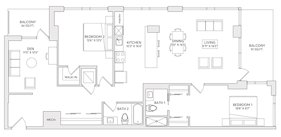 A floor plan of an apartment with two bedrooms, a den, a kitchen, a dining room, a living room, and two bathrooms.