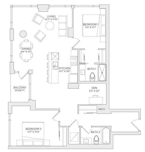A floor plan of a small apartment with two bedrooms, a kitchen, a dining area, a balcony, and a den.