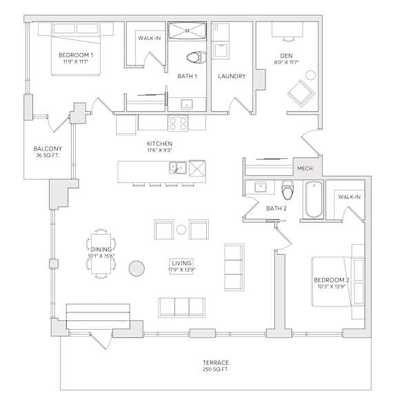 A floor plan of a house with a balcony, two bedrooms, a laundry room, a kitchen, a dining room, a living room, and two bathrooms.