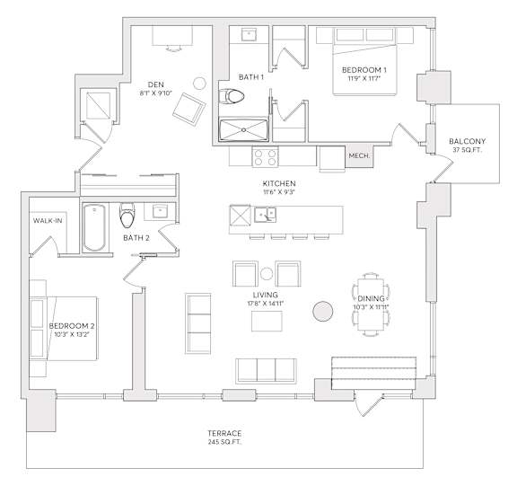 A floor plan of a house with a den, two bathrooms, two bedrooms, a kitchen, a living room, a dining room, a balcony, and a terrace.