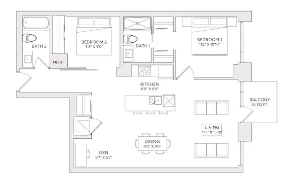A floor plan of a two bedroom apartment with a living room, kitchen, dining room and two bathrooms.