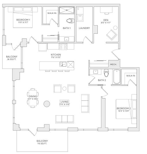 A floor plan of an apartment with two bedrooms, a balcony, a living room, a dining room, a kitchen, a laundry room, and two bathrooms.
