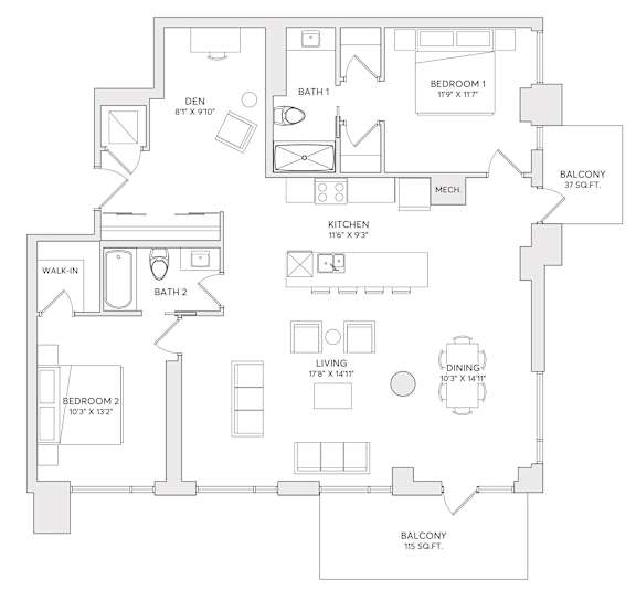 A floor plan of a house with two bedrooms, a balcony, and a living area.