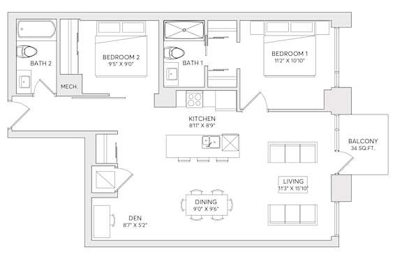 A floor plan of a house with two bedrooms, a kitchen, a dining area, a living room, a den, and a balcony.