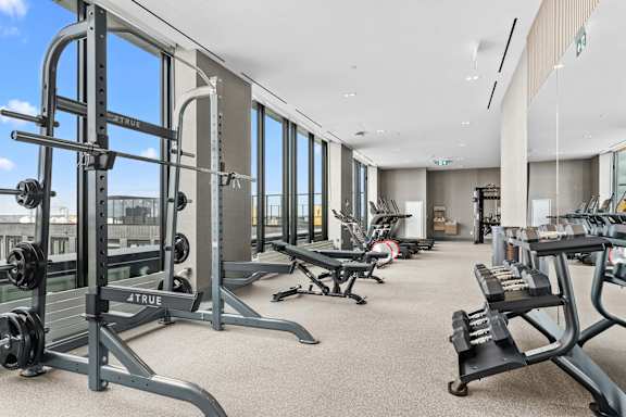 A gym with a variety of equipment including a squat rack and a bench press.