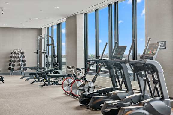 A gym with treadmills, weights and exercise bikes.