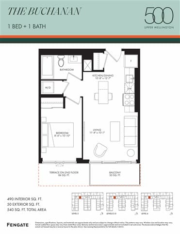 A floor plan for a 500 square foot apartment with one bed and one bath.