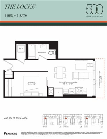 A floor plan for a 1 bedroom, 1 bathroom apartment at The Locke in Upper Wellington.