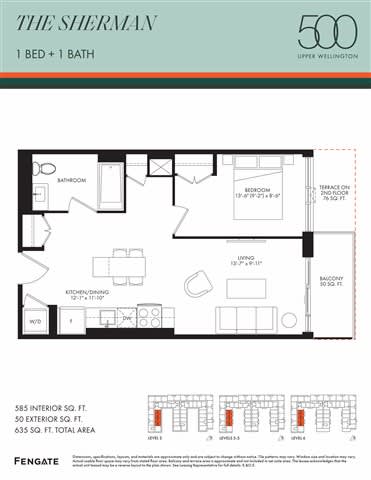 A floor plan for a 1 bedroom, 1 bathroom apartment in The Sherman in Upper Wellington.