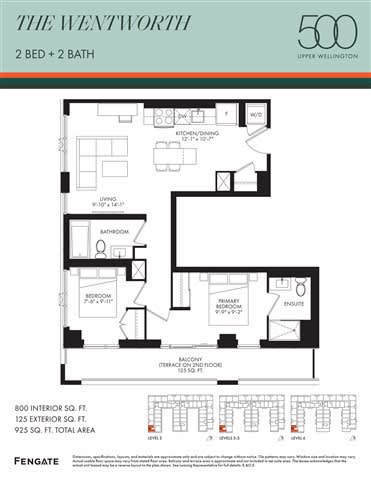 A floor plan for a 2 bedroom, 2 bathroom apartment in The Wentworth building.