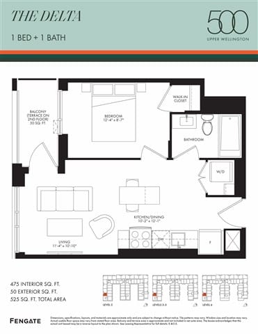 A floor plan for a 1 bedroom, 1 bathroom apartment in The Delta, Upper Wellington.