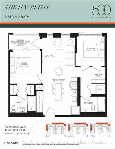 A floor plan for a 2 bedroom, 2 bathroom apartment in The Hamilton building.