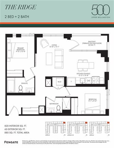 A floor plan for a 2 bedroom, 2 bathroom apartment in The Ridge, Upper Wellington.