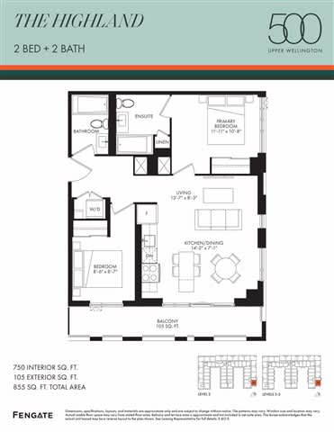 A floor plan for a 500 square foot apartment with two bedrooms and two bathrooms.