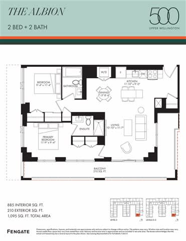 A floor plan for a 500 square foot apartment with two bedrooms and two bathrooms.