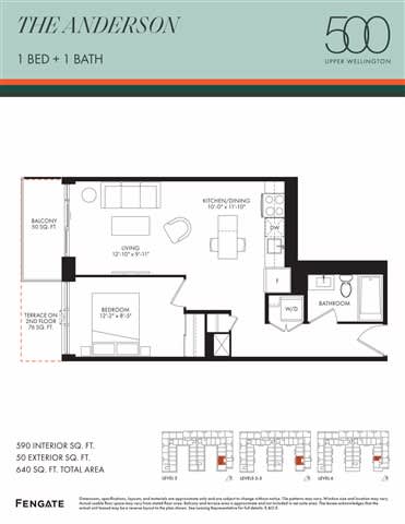 A floor plan for a 1 bedroom, 1 bathroom apartment in The Anderson building.