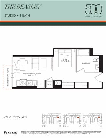 A floor plan for a 500 square foot studio with one bath.