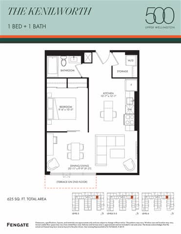 A floor plan for a 1 bedroom, 1 bathroom apartment in Upper Wellington.
