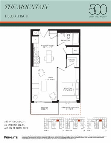 A floor plan for a 500 square foot apartment with one bed and one bath.
