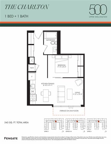 A floor plan for a 1 bedroom, 1 bathroom apartment in The Charlton, Upper Wellington.