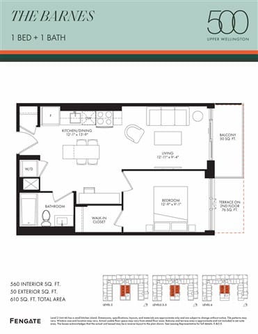 A floor plan for a 1 bedroom, 1 bathroom apartment at The Barnes in Upper Wellington.