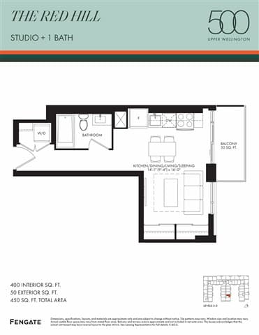A floor plan for a 500 square foot studio with one bath.